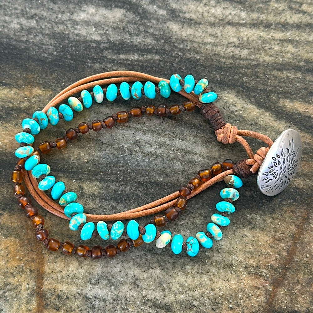 Jes MaHarry one-of-a-kind “Grow Strong” turquoise, amber unisex bracelet.